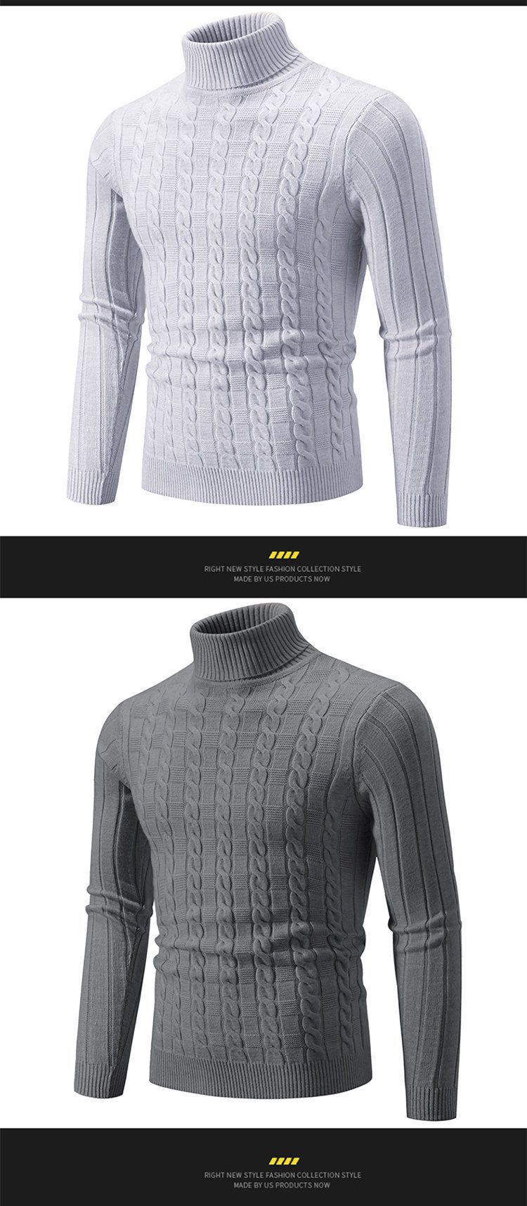 Slim-Fit-Rollkragenpullover mit Zopfmuster für Herren – Unifarbener Pullover für Freizeit und Business – Modetrends_voghion.com