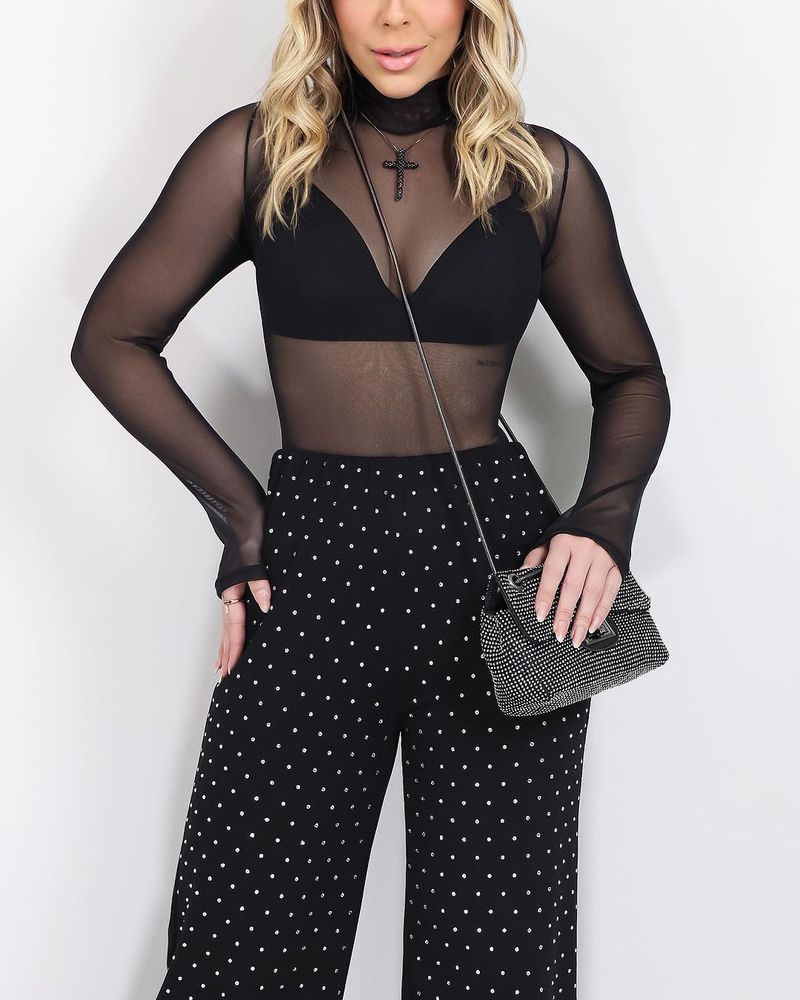 Maglietta a collo alto con fondo a rete, abbigliamento estivo da donna, top aderenti sexy per le donne_voghion.com