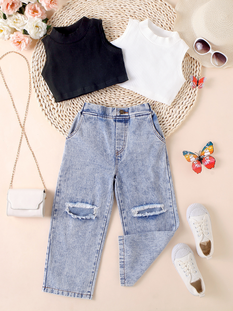 Babykleidung Kinderkleid Mädchen Sommer Pit Strip einfarbig ärmellos trägerloser Pullover zerrissene Denimhose zweiteiliges Set_voghion.com