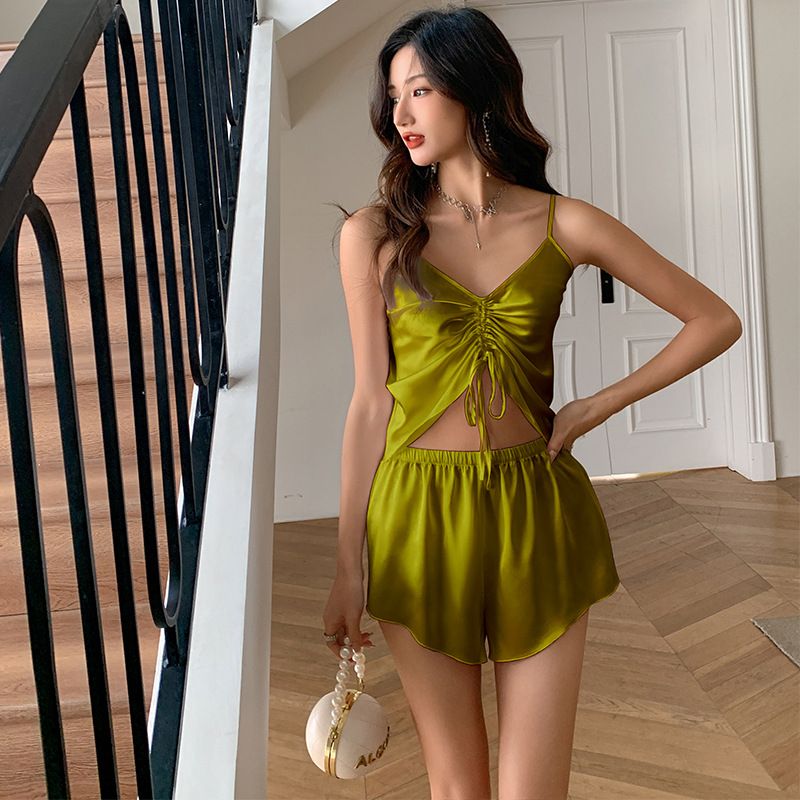 Ice Silk Pajamas Women's Slight Desire For Wind Suspender Shorts Set Sexy Loungewear_voghion.com