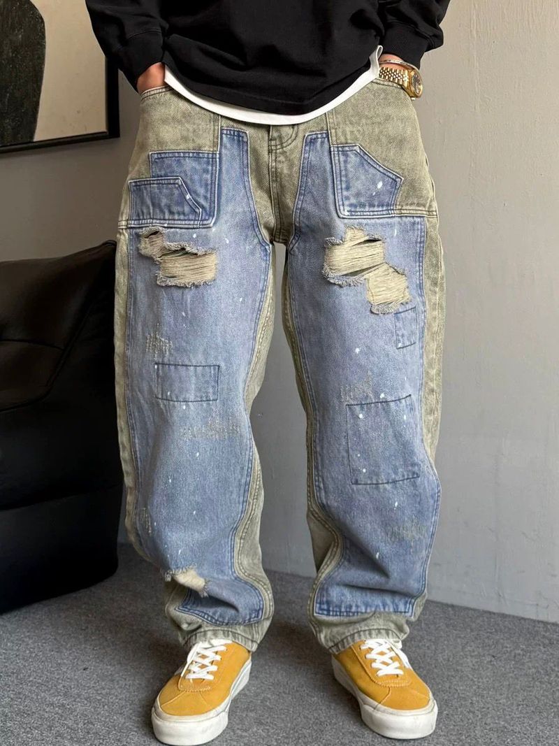 Erkek Giyim Rahat Yakışıklı Ağır Tasarım Retro Yırtık Kot Pantolon Erkek Düz Bol Dar Pantolon_voghion.com