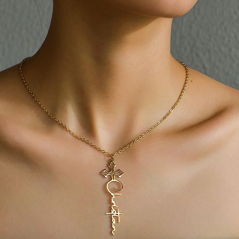 Collana minimalista in acciaio inossidabile con lettera fai da te, ciondolo a croce cava personalizzato, catena per clavicola_voghion.com