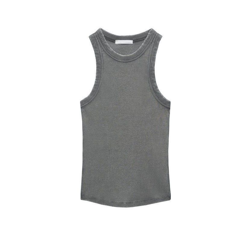 TAOP&ZA - Camiseta básica de primavera para mujer, estilo americano, con espalda nadadora y ribete de canalé lavado 3253301_voghion.com