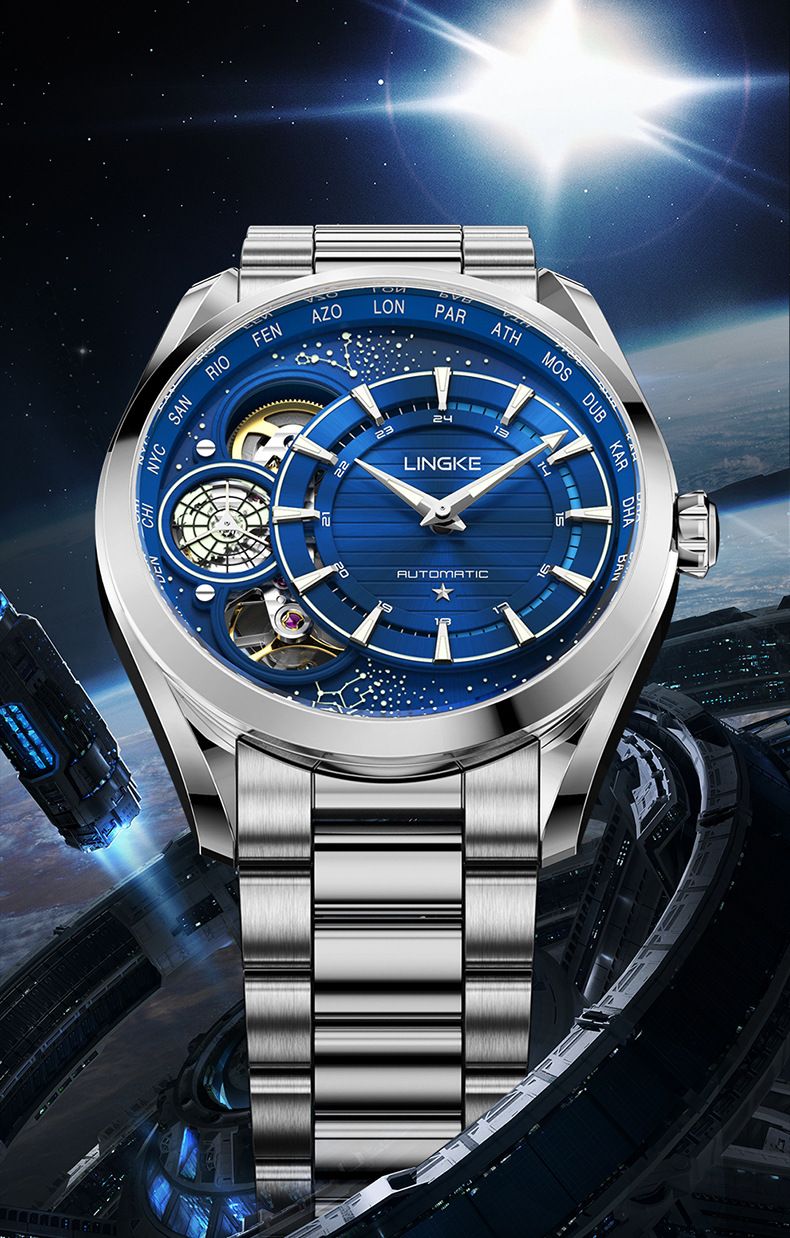 Montre mécanique automatique à quartz pour homme, double mouvement, design squelette, boîtier et bracelet en acier inoxydable, style décontracté, étanche_voghion.com