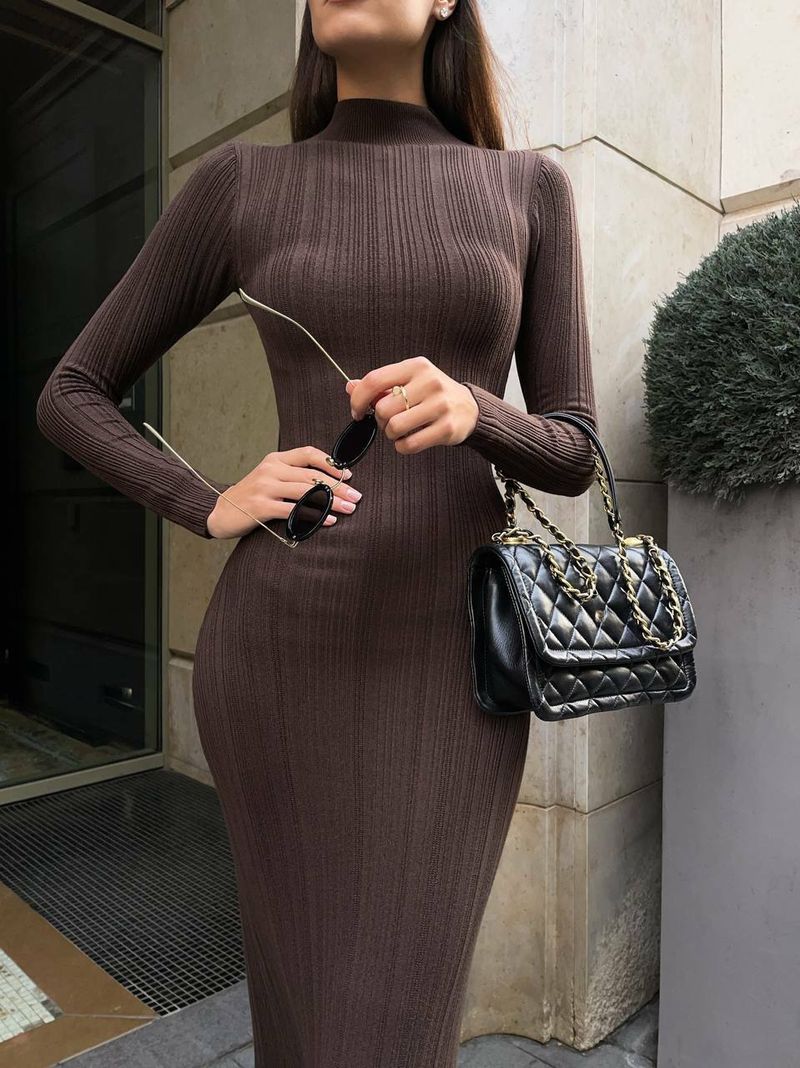 Women Elegant Long Sleeve Knitted Maxi Dress High Neck Bottoming Striped Sweater Slim Long Dress Bodycon Party Club Streetwear_voghion.com