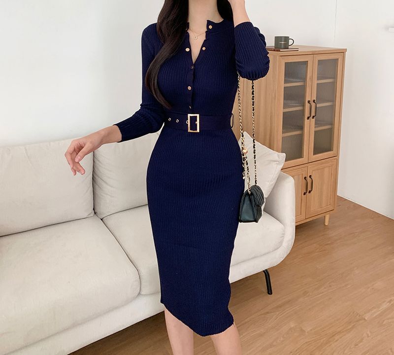 Nuovo abito monopetto aderente midi aderente slim fit autunno inverno con scollo rotondo e maniche lunghe con cintura_voghion.com