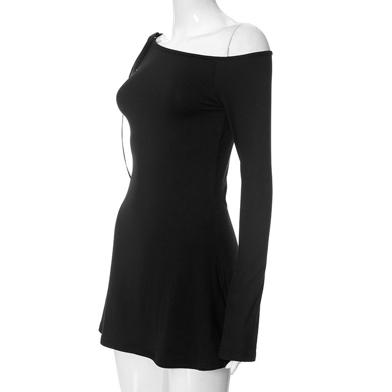 Abito da donna autunno monospalla con colletto obliquo, maniche lunghe, volant e fianchi_voghion.com