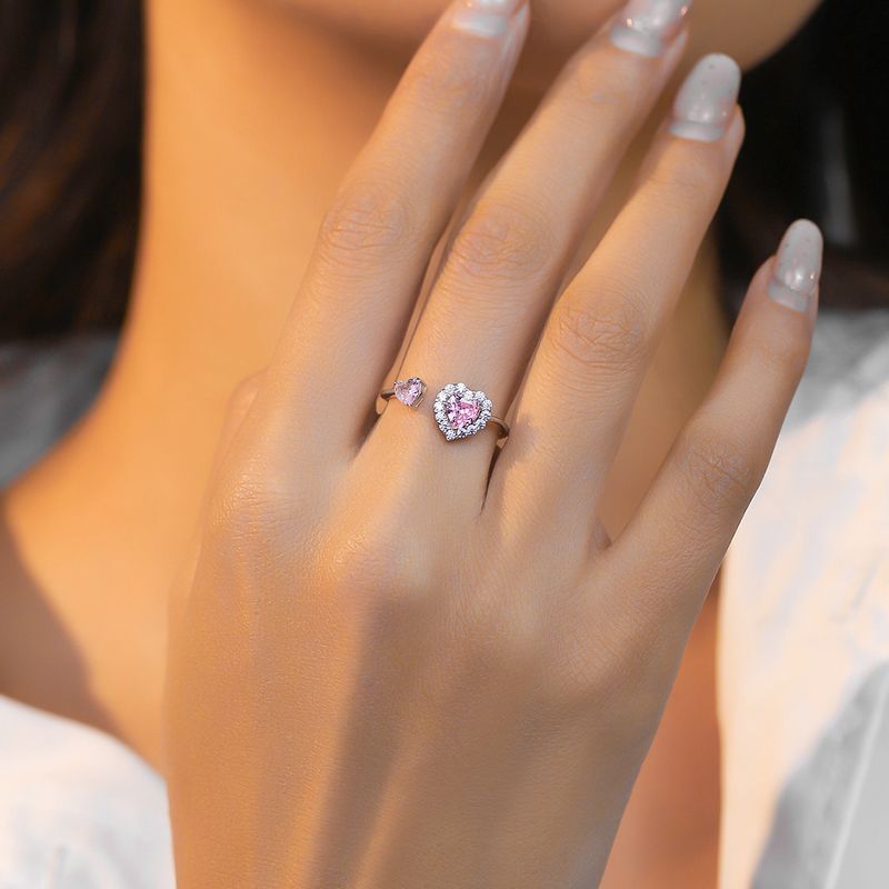 S925 Silverring Kvinna Enkel Rosa Kärleksring Hjärta Söt Justerbar Ring Öppen Ring Zirkonsmycken_voghion.com