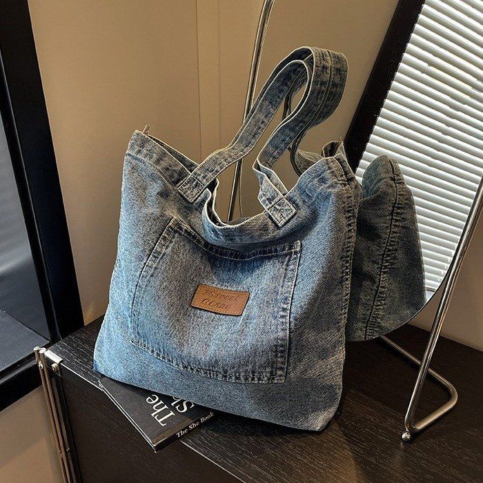 Borsa shopping in denim di grande capacità da donna, semplice in tela per studenti, a tracolla e a mano_voghion.com
