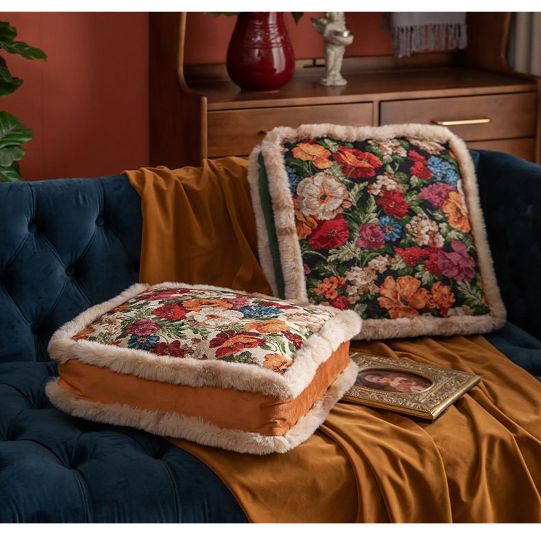 Premium Cotton-Linen Floor Cushion – Thick Square Seat Pad With Vintage Botanical Print (Non-Slip Base, Breathable PP Cotton Fill, Boho Chic Decor)_voghion.com