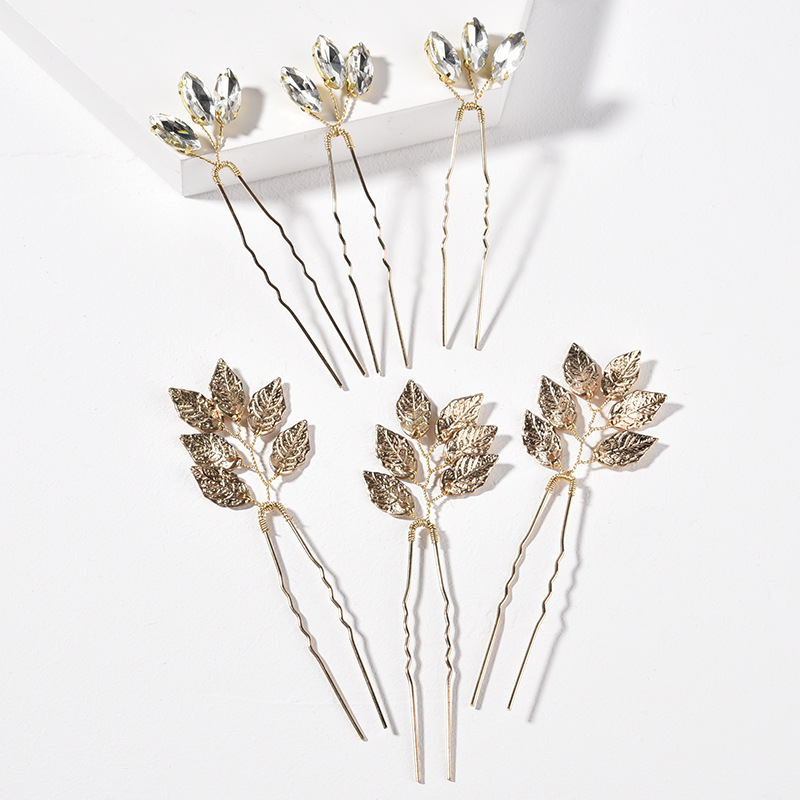 Antico copricapo Hanfu in lega foglia semplice forcina strass sposa accessori per abito da sposa set di 6_voghion.com