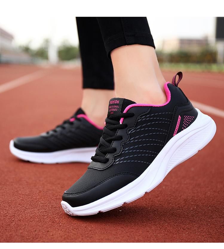 Black casual running women's autumn sports , lightweight soft soled leather surface, waterproof and non slip, work_voghion.com