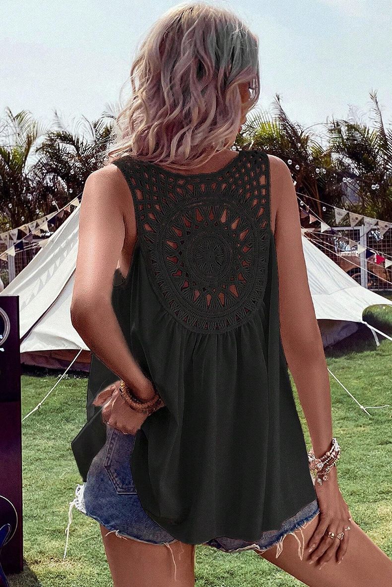 Camiseta sin mangas holgada con escote en V y encaje en la espalda para mujer, novedad de verano 2025_voghion.com