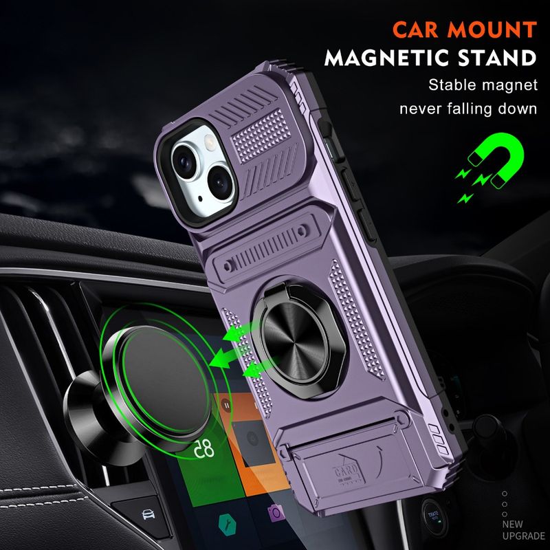 För iPhone 15 14 Plus 13 Pro Max Plånboksfodral med Ring Stativ Korthållare Hårdplast + Mjuk TPU_voghion.com
