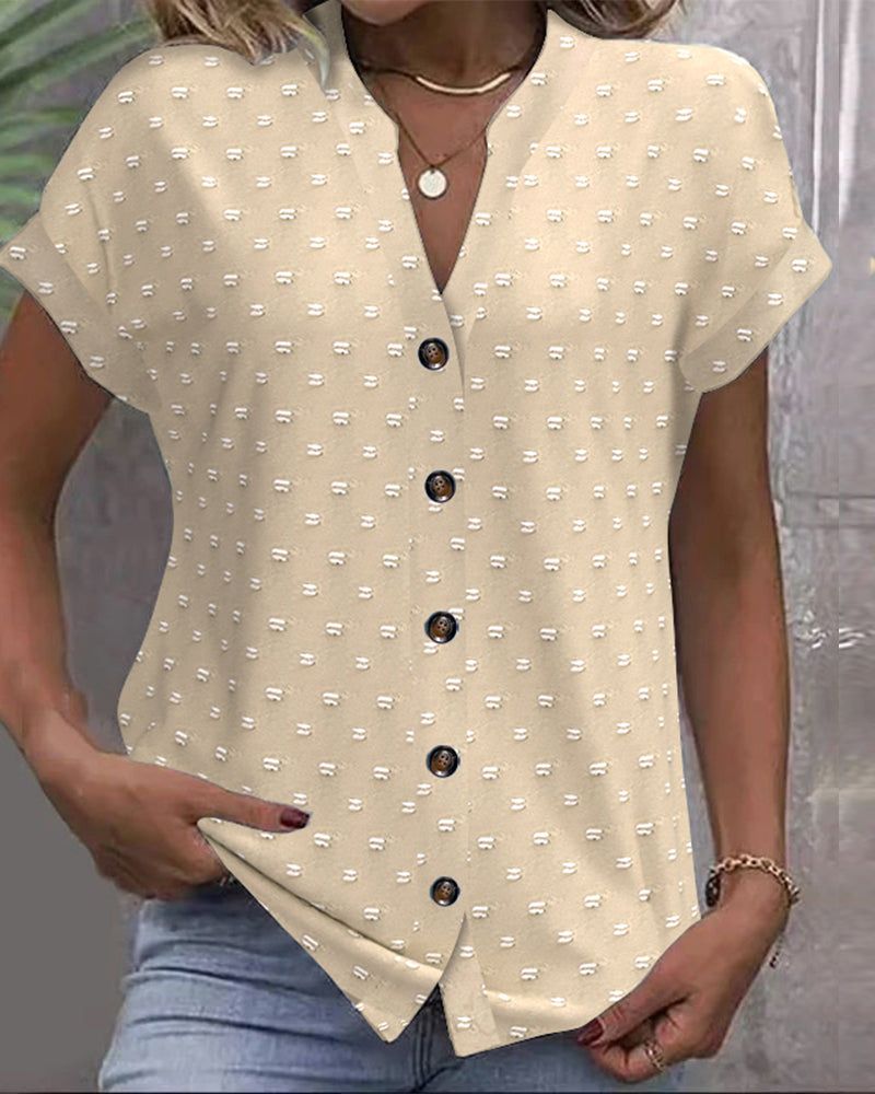 Abbigliamento estivo da donna, top in jacquard a maniche corte con scollo a V, camicie casual alla moda_voghion.com