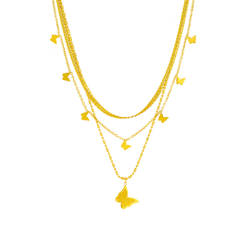 Fashion Light Luxury Necklace, High-end Simple Niche Design, Multi-layer Titanium Steel Stacked Chain, Smooth Butterfly Pendant Necklace_voghion.com