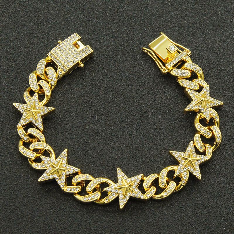Bracciale da uomo alla moda con catena cubana a forma di stella 3D con diamanti, stile street cool_voghion.com