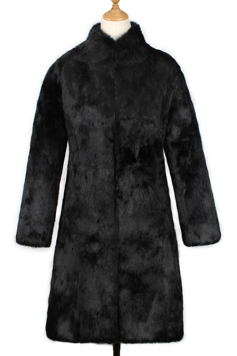 Abrigo largo de lujo de piel sintética de conejo para mujer, con cinturón ajustable, abrigo de invierno negro._voghion.com
