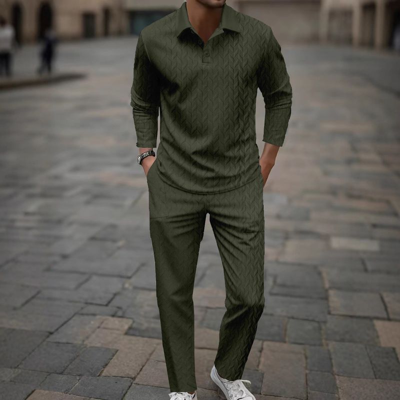 Breathable Jacquard Polo Set – Lapel Collar Summer Suit With Moisture-Wicking Trousers (Black/White/Gray/Army Green/Khaki/Navy, S-XXXL)_voghion.com