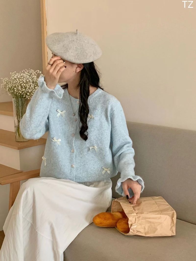 Knitted cardigan in Spring Autumn, Korean small and fresh, bow tie, age reducing, college style, versatile sweater_voghion.com