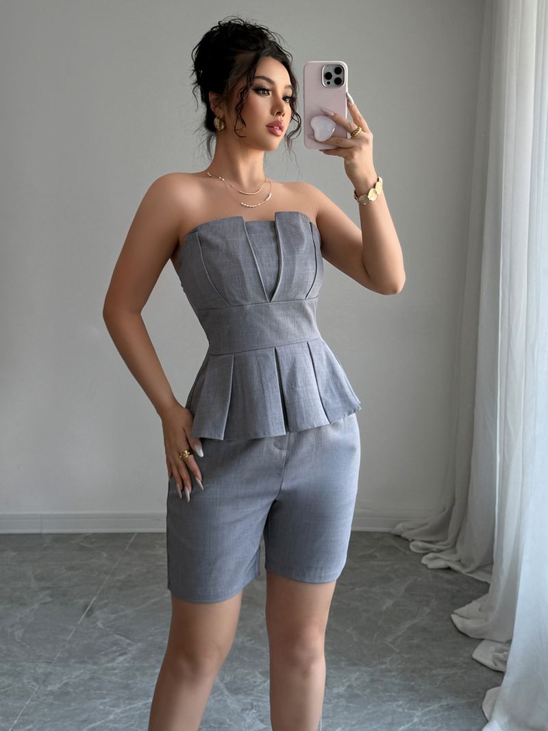 Women's Clothing Casual Simple Tube Top Waist Top Shorts Suit_voghion.com