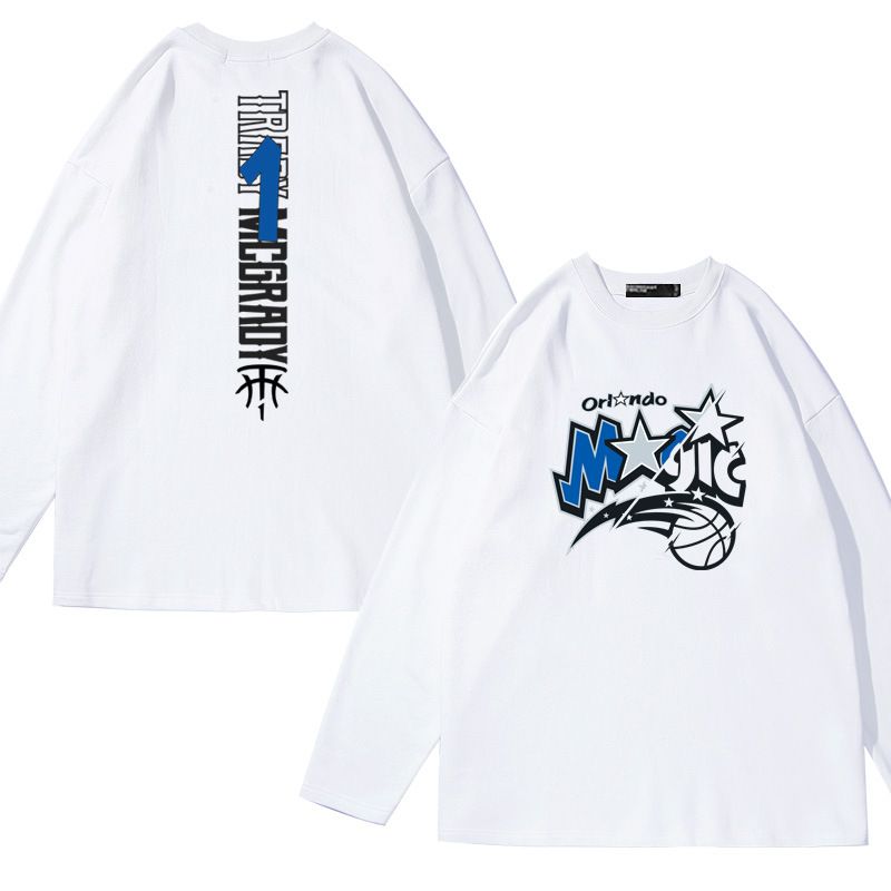 Stampa fronte-retro e basket verticale Magic Team McGrady T-shirt a maniche lunghe per uomo e donna in puro cotone_voghion.com