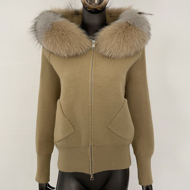 Luxuriöse Strickjacke mit Kapuze und Fuchspelzbesatz – Weicher Strickpullover aus Schaf-Kaschmir-Mischgewebe für Damen, eleganter, locker sitzender Freizeitpullover_voghion.com