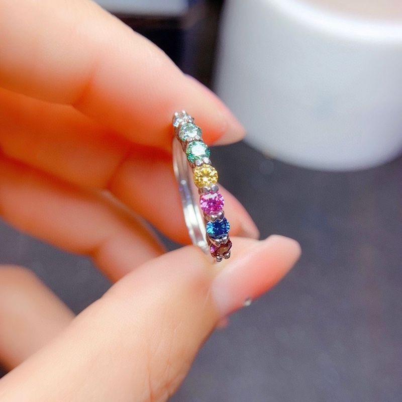 Rainbow For Women, Moissanite Band Ring, Crystal Clear Good Color, Silver Plated, Inlaid Adjustable Ring_voghion.com