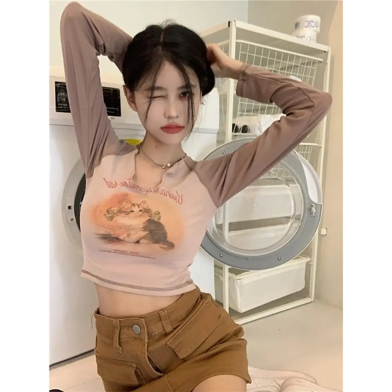 2023 Ropa Mujer Women Tshirts Cat Print Long Sleeve Tunic Tees Crop T Shirt Contrast Color Casual Fashion Korean Y2k T-shirt_voghion.com
