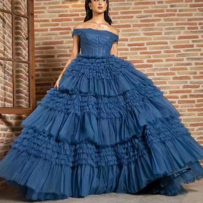 Robe de soirée asymétrique à épaules dénudées, en maille multicouche, ultra moelleuse et luxueuse, style européen et américain_voghion.com