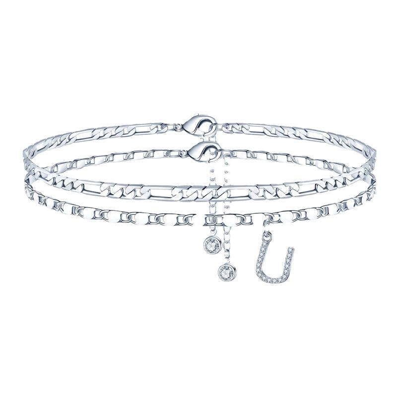 26 Silver Zircon Letter Simple Fashion Beaded Double Layer Anklet_voghion.com