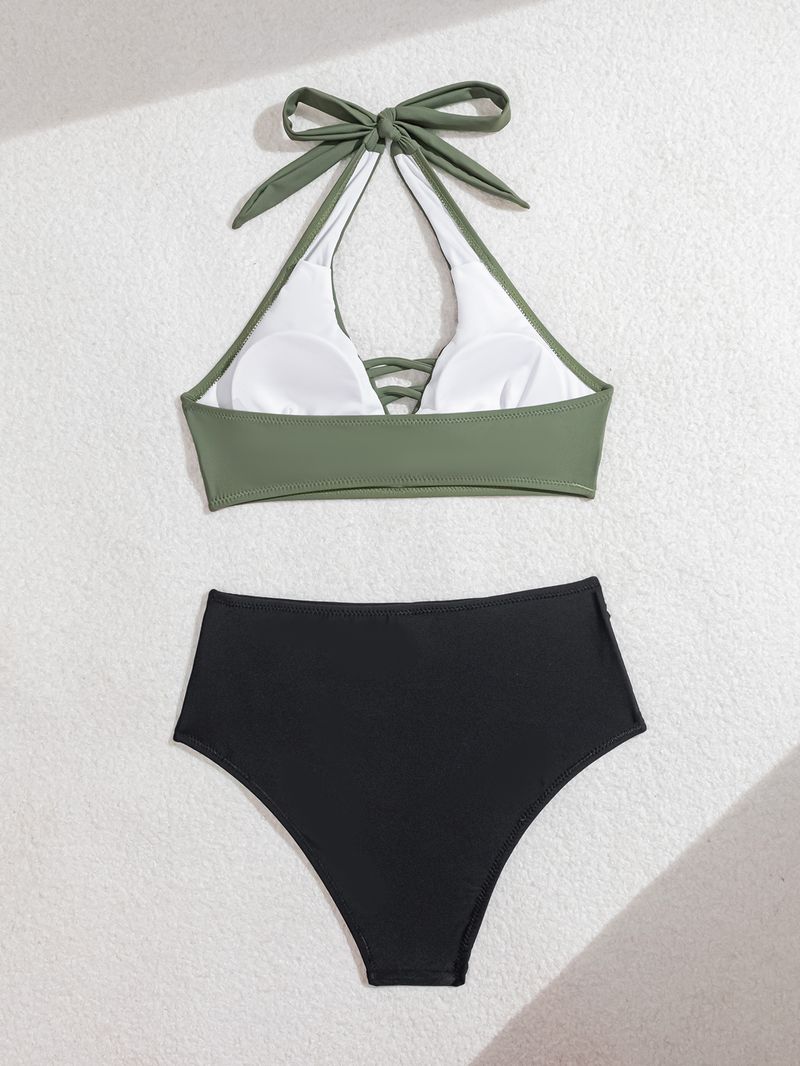 Sommer Neue Damen Nylon Farbblock Badeanzug Neckholder Kreuz Krawatte Hohe Taille Pool Urlaub Strand Party Bademode_voghion.com