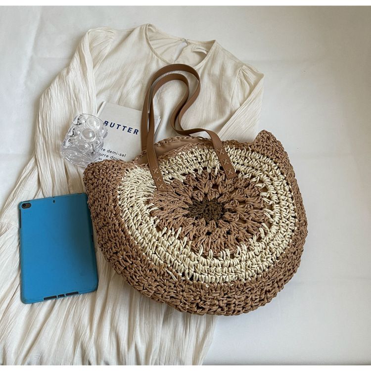 Bolso grande de paja con cremallera redonda para vacaciones en la playa con bloques de color de paja para mujer_voghion.com