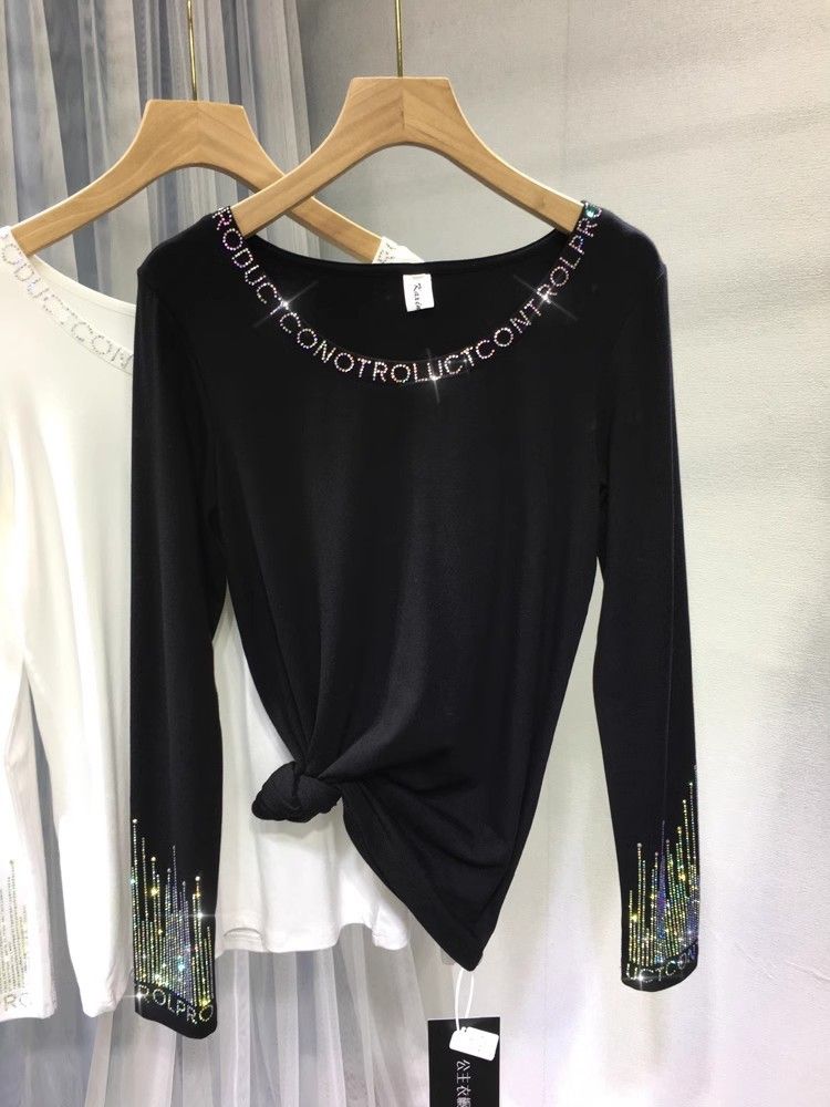 Camicia da donna con fondo in trapano a caldo per l'industria pesante, camicetta nera con scollo tondo, maglietta a maniche lunghe in puro cotone_voghion.com