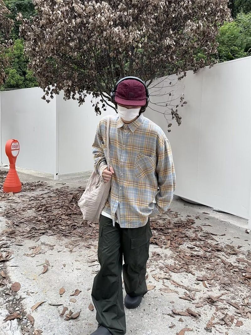 American retro plaid shirt, men's spring/summer new loose casual lazy style, long sleeved shirt, versatile coat top_voghion.com