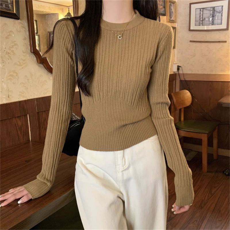 Unique slim fit round neck base for women's autumn and winter 2023 new high-end style sweater with long sleeved knit top_voghion.com
