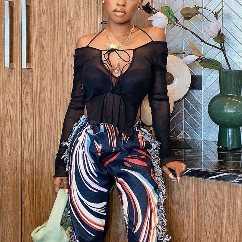 Plus Nine Q21TP300 Summer New Solid Color Lace up Neck Hanging Perspective Split Long sleeved Women's Top_voghion.com