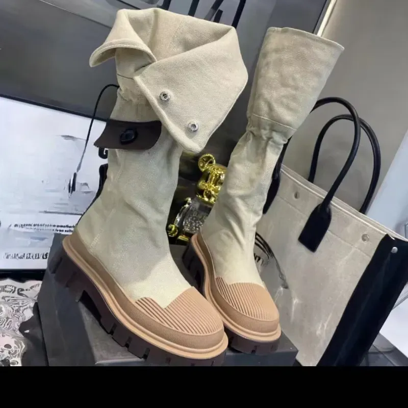 Retro Denim Chunky Platform For Women 2024 Autumn Patchwork Western Style Cowboy Boots Woman Thick Heels Mid Calf Botas_voghion.com