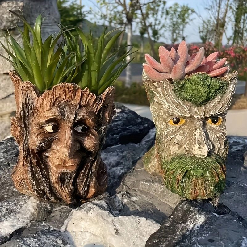 Creative Resin Crafts Tree Stump Elder Head Statue Flower Pot Ornament Home Decoration Outdoor Garden Potted Plant_voghion.com