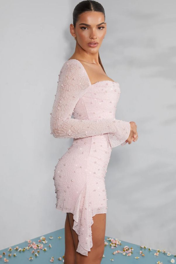 Abbigliamento da donna di alta qualità, gonna a maniche lunghe con paillettes e perline, temperamento autunnale e invernale, abito con scollo quadrato in vita_voghion.com