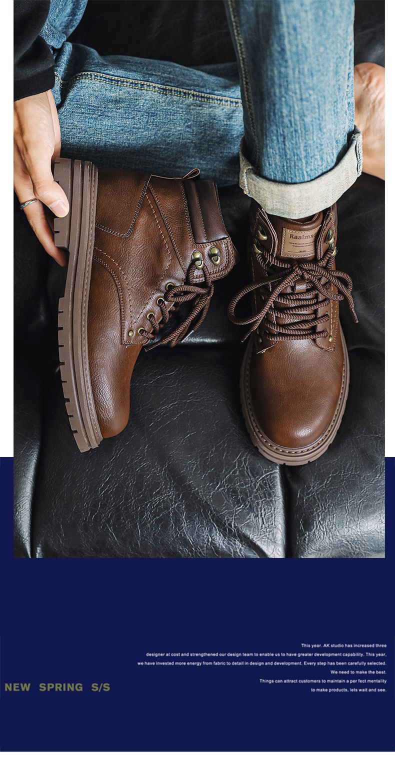 Men's Retro Tooling Boots High-top Short Boots Thick-soled Heightening Martin Boots American Retro Leather Boots_voghion.com