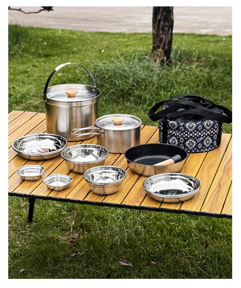 22-teiliges Camping-Kochgeschirrset aus Edelstahl 304 – Tragbares Outdoor-Kochset mit Dampfgarer, Suppentopf und Bratpfanne_voghion.com