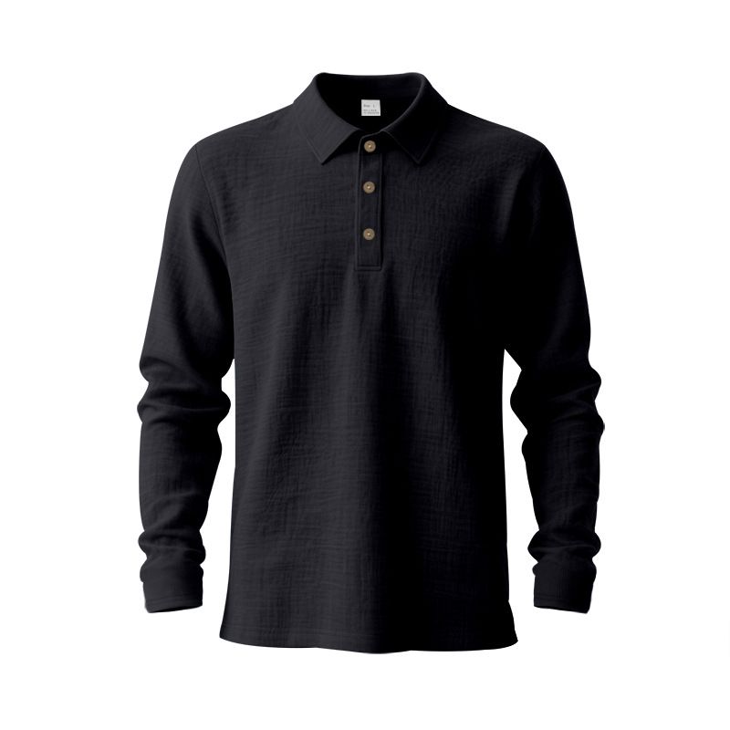 Herren-Leinenhemd mit Knopfleiste – Relaxed Fit Langarm-Polo mit Stehkragen (S-XXXL, atmungsaktiv und knitterfrei, Marineblau/Schwarz/Khaki)_voghion.com
