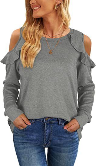 Top oversize da donna in maglia con spalle scoperte e orlo arricciato - Maglione casual in morbido misto cotone per autunno inverno_voghion.com