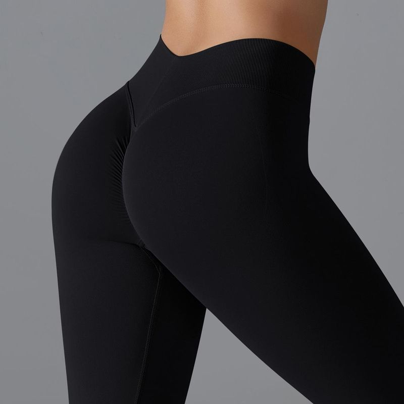 Seamless Knitted Solid Color V-Waist Tight High Elastic Hip-Lifting Yoga Pants For Sports Running Fitness_voghion.com