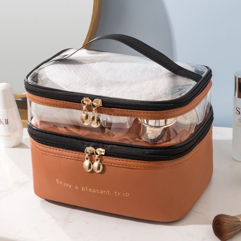 Borsa da toilette portatile trasparente a doppio strato, di colore solido, di grande capacità, borsa da viaggio per cosmetici_voghion.com