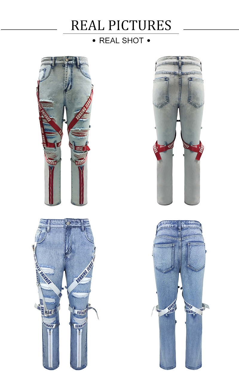 Jean avec ruban en tissu autocollant, avec pieds cassés, fermeture éclair, vêtements Slim pour hommes, à la mode, 2021_voghion.com