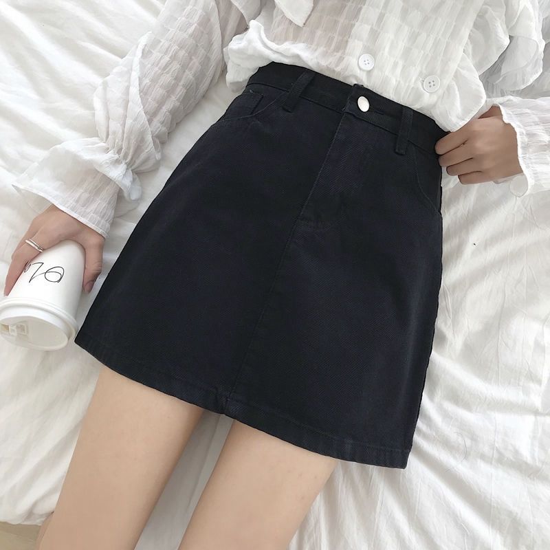 INS Black Half 2024 New Spring/Summer Korean Version Versatile High Waist A-line Wrapped Hip Denim Short Skirt for Women_voghion.com