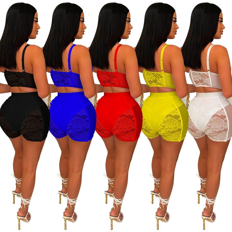 Damenbekleidung, modisches zweiteiliges Set für Damen, einfarbig, sexy Spitze, ärmellose Shorts_voghion.com