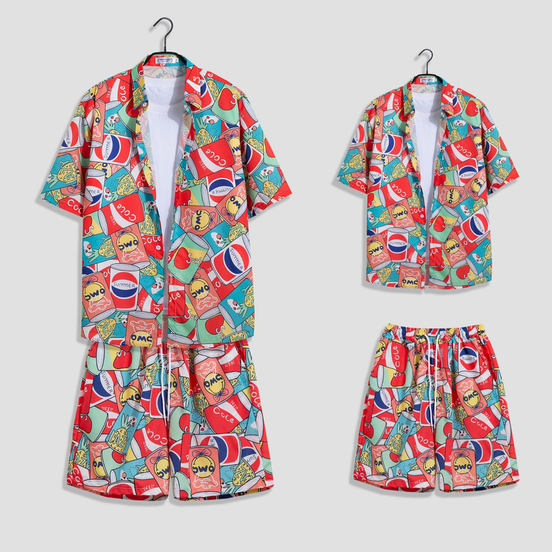 Herenkleding aan zee, strandvakantie, losse heren, plus size paar, trendy bloemenoverhemd met korte mouwen, casual tweedelige set_voghion.com
